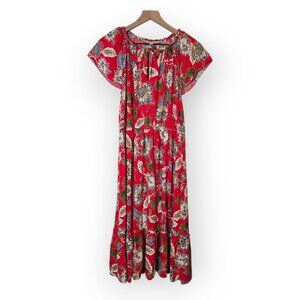 Loft floral dress womens Medium Red Flutter sleeve Midi length 100% Rayon